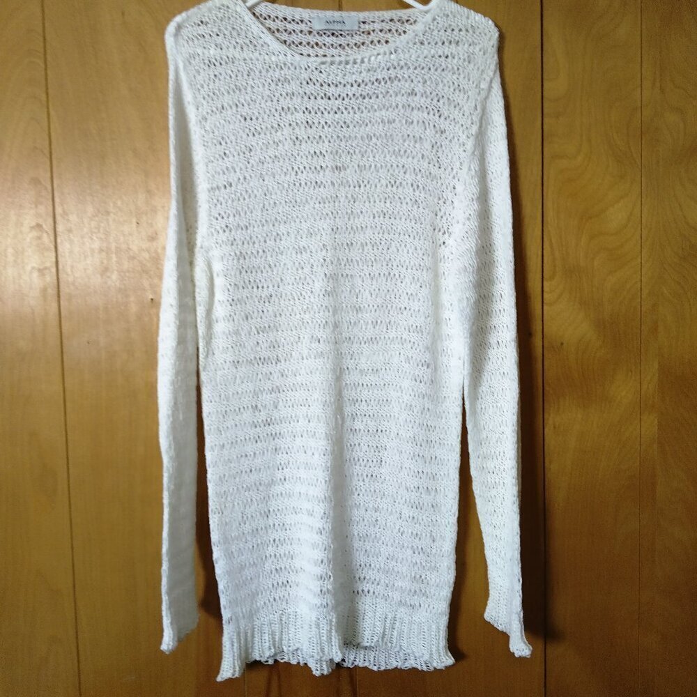 Alpha Studio White Open Knit Tunic Sweater Beachy Cover Up Long Sleeve
